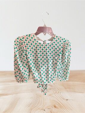 Glamorous Collection pink green cream open back cropped double tie blouse Sz 6